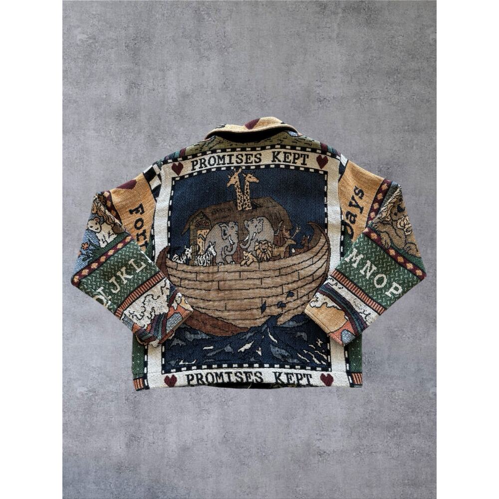 VTG Sugar Street Weavers Noah’s Ark Tapestry Jacket Promises Kept Animals USA OS - Picture 2 of 9